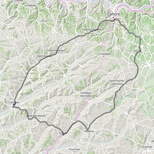 Miniature de la carte de l'inspiration cycliste "Route des Bastides" dans la Midi-Pyrénées, France. Générée par le planificateur d'itinéraire cycliste Tarmacs.app