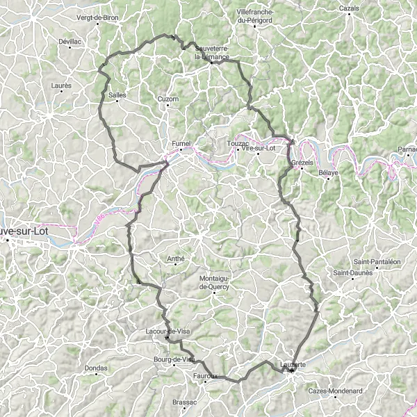 Zemljevid v pomanjšavi "Izzivalna kolesarska avantura v okolici Lauzerte" kolesarske inspiracije v Midi-Pyrénées, France. Generirano z načrtovalcem kolesarskih poti Tarmacs.app