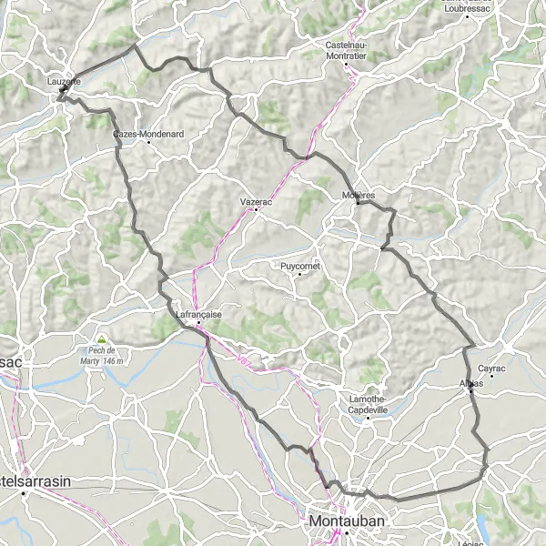 Map miniature of "Lauzerte Countryside Road Cycling Route" cycling inspiration in Midi-Pyrénées, France. Generated by Tarmacs.app cycling route planner