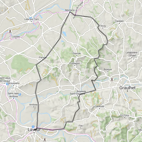 Mapa miniatúra "Trasa na cestnom bicykli s výstupom 586 m v blízkosti Lavaur" cyklistická inšpirácia v Midi-Pyrénées, France. Vygenerované cyklistickým plánovačom trás Tarmacs.app