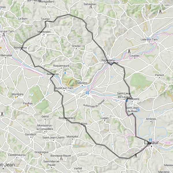 Map miniature of "Lavaur to Château du Travet Loop" cycling inspiration in Midi-Pyrénées, France. Generated by Tarmacs.app cycling route planner