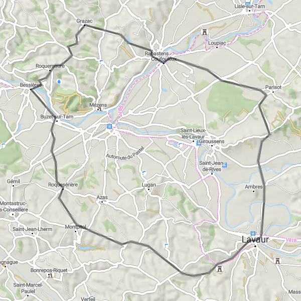 Mapa miniatúra "Cyklotrasa cez Roquesérière a Rabastens" cyklistická inšpirácia v Midi-Pyrénées, France. Vygenerované cyklistickým plánovačom trás Tarmacs.app