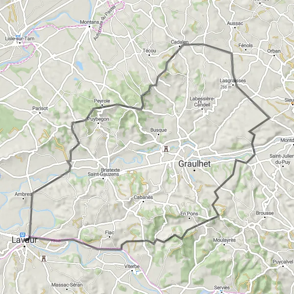Mapa miniatúra "Cyklo trasa cez Cadalen a Lasgraisses" cyklistická inšpirácia v Midi-Pyrénées, France. Vygenerované cyklistickým plánovačom trás Tarmacs.app