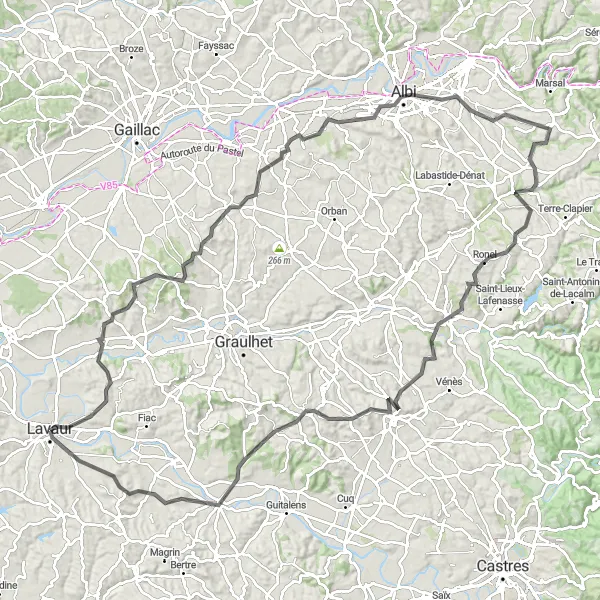 Map miniature of "Hilly Circuit from Lavaur to Massac-Séran" cycling inspiration in Midi-Pyrénées, France. Generated by Tarmacs.app cycling route planner