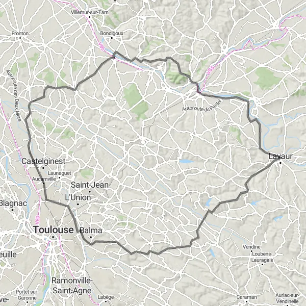 Map miniature of "Lavaur to Saint-Jean-de-Rives Loop" cycling inspiration in Midi-Pyrénées, France. Generated by Tarmacs.app cycling route planner