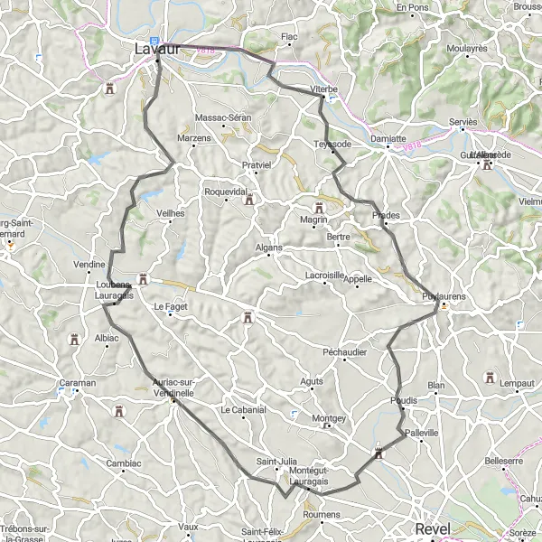 Map miniature of "Lavaur to Lacougotte-Cadoul Loop" cycling inspiration in Midi-Pyrénées, France. Generated by Tarmacs.app cycling route planner