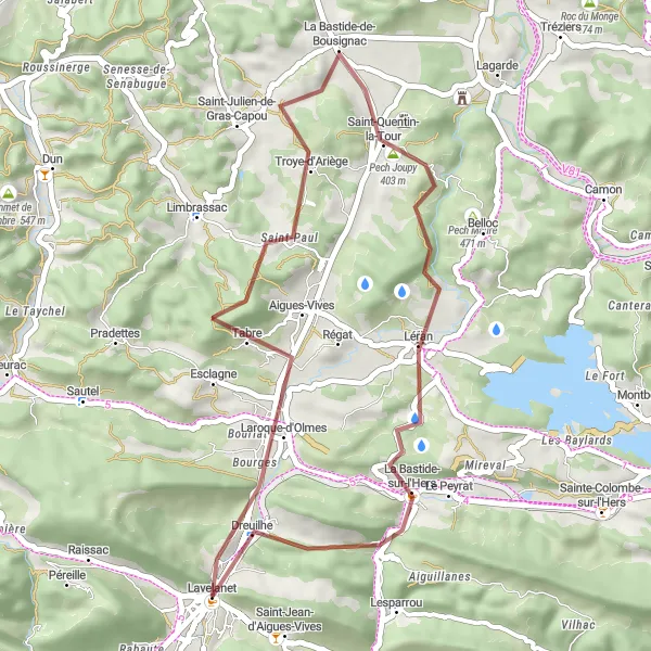 Miniaturní mapa "Gravel Route from Lavelanet" inspirace pro cyklisty v oblasti Midi-Pyrénées, France. Vytvořeno pomocí plánovače tras Tarmacs.app