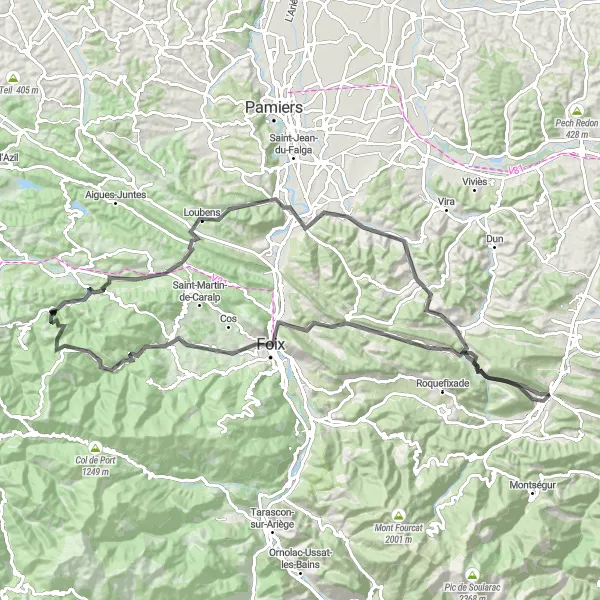 Miniatuurkaart van de fietsinspiratie "Bergachtige Route naar Roquefort-les-Cascades" in Midi-Pyrénées, France. Gemaakt door de Tarmacs.app fietsrouteplanner