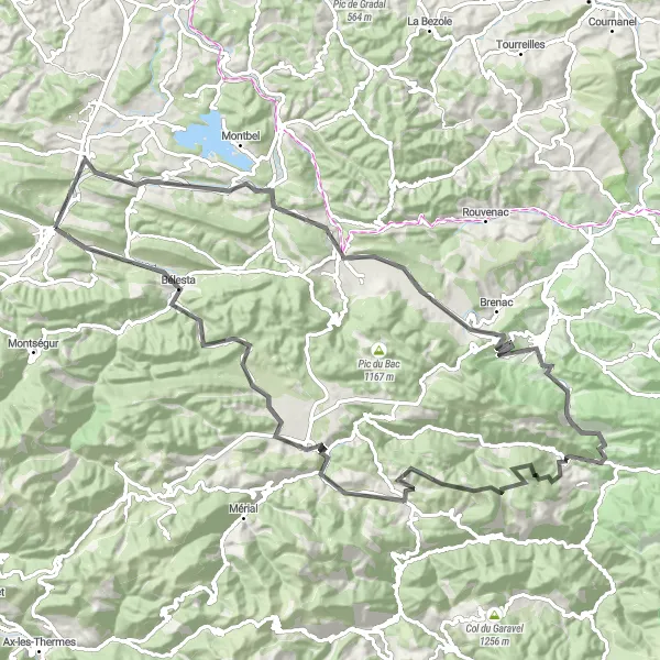 Karttaminiaatyyri "Road -maisemareitti läpi Midi-Pyréneiden" pyöräilyinspiraatiosta alueella Midi-Pyrénées, France. Luotu Tarmacs.app pyöräilyreittisuunnittelijalla