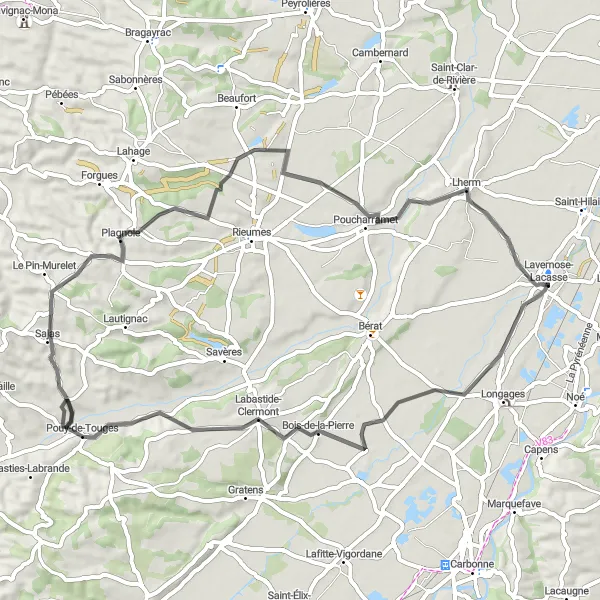 Miniaturní mapa "Cyklistická trasa kolem Lavernose-Lacasse" inspirace pro cyklisty v oblasti Midi-Pyrénées, France. Vytvořeno pomocí plánovače tras Tarmacs.app