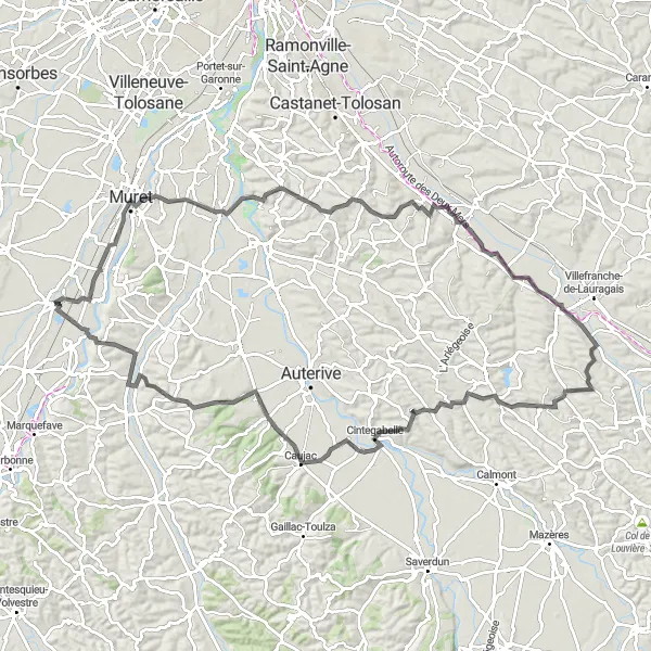 Miniaturní mapa "Challenging Road Cycling Route near Lavernose-Lacasse" inspirace pro cyklisty v oblasti Midi-Pyrénées, France. Vytvořeno pomocí plánovače tras Tarmacs.app