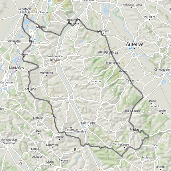 Miniatua del mapa de inspiración ciclista "Ruta de 89 km desde Lavernose-Lacasse" en Midi-Pyrénées, France. Generado por Tarmacs.app planificador de rutas ciclistas