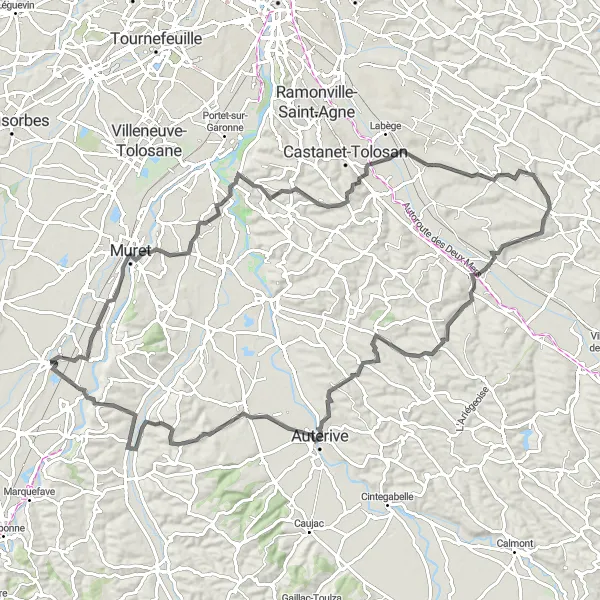 Miniatua del mapa de inspiración ciclista "Desafiante ruta de 103 km en carretera cerca de Muret" en Midi-Pyrénées, France. Generado por Tarmacs.app planificador de rutas ciclistas