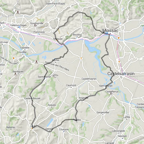 Map miniature of "Cycling through Castéra-Bouzet and Angeville" cycling inspiration in Midi-Pyrénées, France. Generated by Tarmacs.app cycling route planner