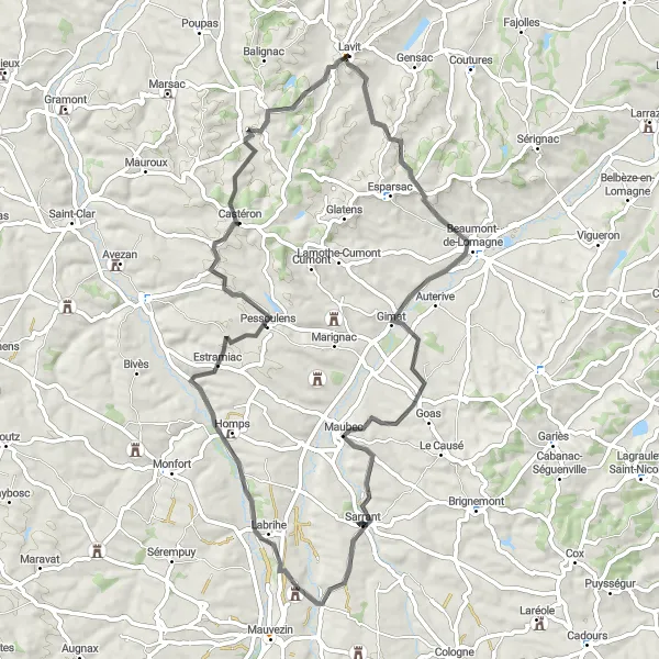 Map miniature of "The Gimat and Sarrant Loop" cycling inspiration in Midi-Pyrénées, France. Generated by Tarmacs.app cycling route planner