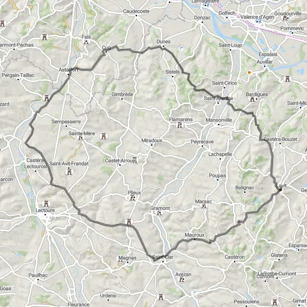 Map miniature of "The Astaffort Adventure" cycling inspiration in Midi-Pyrénées, France. Generated by Tarmacs.app cycling route planner