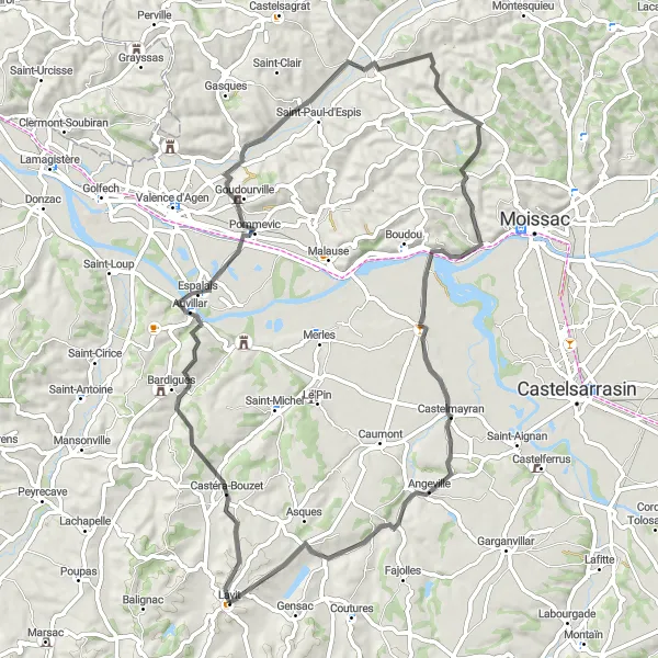 Map miniature of "The Château de Goudourville Loop" cycling inspiration in Midi-Pyrénées, France. Generated by Tarmacs.app cycling route planner
