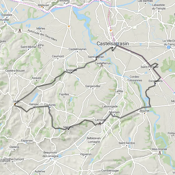 Map miniature of "The Angeville and Durfort-Lacapelette Experience" cycling inspiration in Midi-Pyrénées, France. Generated by Tarmacs.app cycling route planner