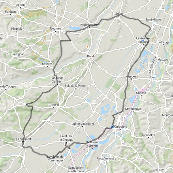 Zemljevid v pomanjšavi "Kolesarska pot Labastide-Clermont - Saint-Élix-le-Château" kolesarske inspiracije v Midi-Pyrénées, France. Generirano z načrtovalcem kolesarskih poti Tarmacs.app