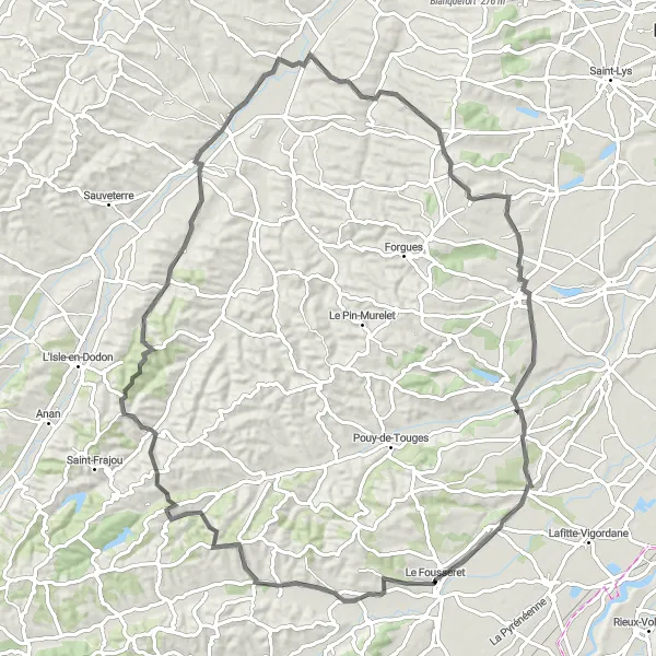 Kartminiatyr av "Runt Le Fousseret - Montoussin - Coueilles - Samatan - Seysses-Savès - Labastide-Clermont" cykelinspiration i Midi-Pyrénées, France. Genererad av Tarmacs.app cykelruttplanerare