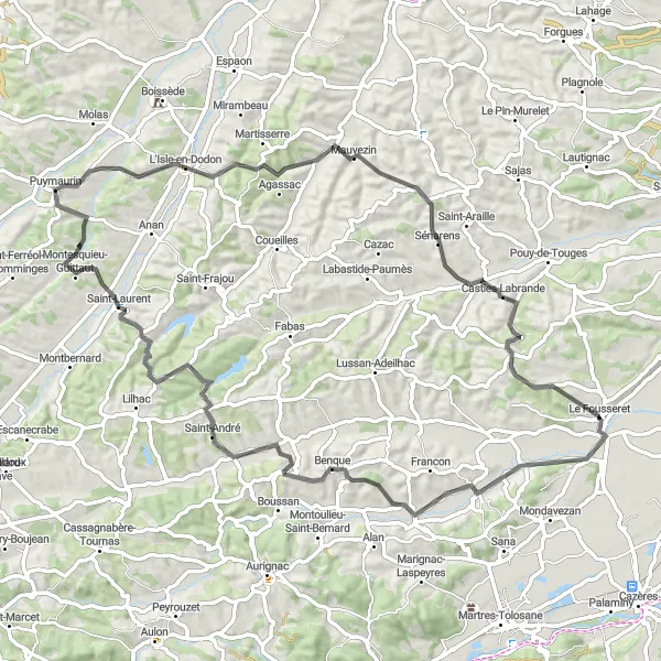Kartminiatyr av "Eventyrlig tur til Agassac" sykkelinspirasjon i Midi-Pyrénées, France. Generert av Tarmacs.app sykkelrutoplanlegger