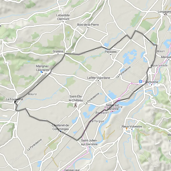 Map miniature of "Le Fousseret-Lavelanet-de-Comminges Short Loop" cycling inspiration in Midi-Pyrénées, France. Generated by Tarmacs.app cycling route planner