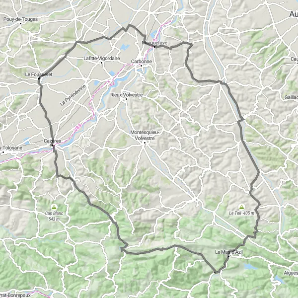 Map miniature of "Le Fousseret to Table d'orientation Loop" cycling inspiration in Midi-Pyrénées, France. Generated by Tarmacs.app cycling route planner