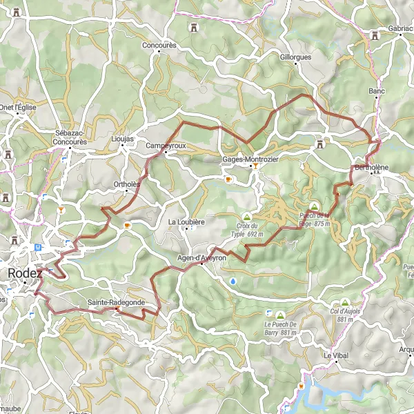 Zemljevid v pomanjšavi "Raznolika kolesarska pot do Sainte-Radegonde" kolesarske inspiracije v Midi-Pyrénées, France. Generirano z načrtovalcem kolesarskih poti Tarmacs.app