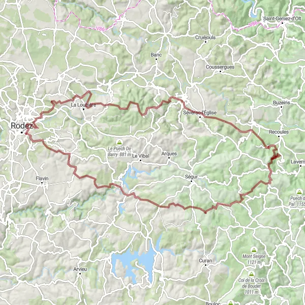 Miniatua del mapa de inspiración ciclista "Ruta de Gravel de Rodez a Inières" en Midi-Pyrénées, France. Generado por Tarmacs.app planificador de rutas ciclistas