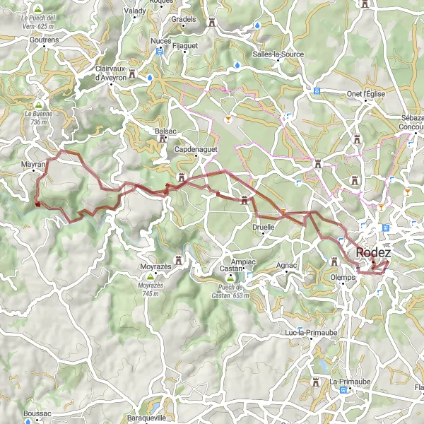 Miniaturekort af cykelinspirationen "Gruscykelrute til Puech Sagnes og Mayran" i Midi-Pyrénées, France. Genereret af Tarmacs.app cykelruteplanlægger