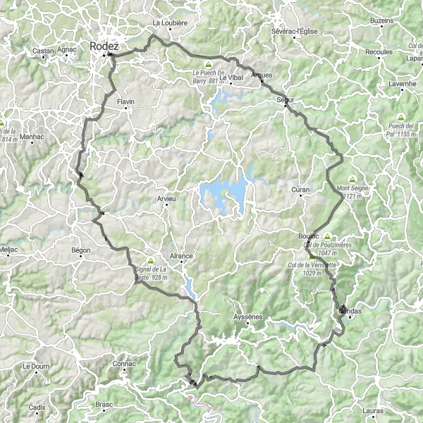 Karttaminiaatyyri "Pyöräilyreitti Rodez-Foulloubous" pyöräilyinspiraatiosta alueella Midi-Pyrénées, France. Luotu Tarmacs.app pyöräilyreittisuunnittelijalla