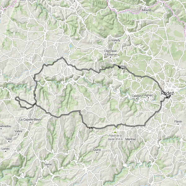 Miniaturekort af cykelinspirationen "Landevejscykeltur til Rodez og Fenestras" i Midi-Pyrénées, France. Genereret af Tarmacs.app cykelruteplanlægger