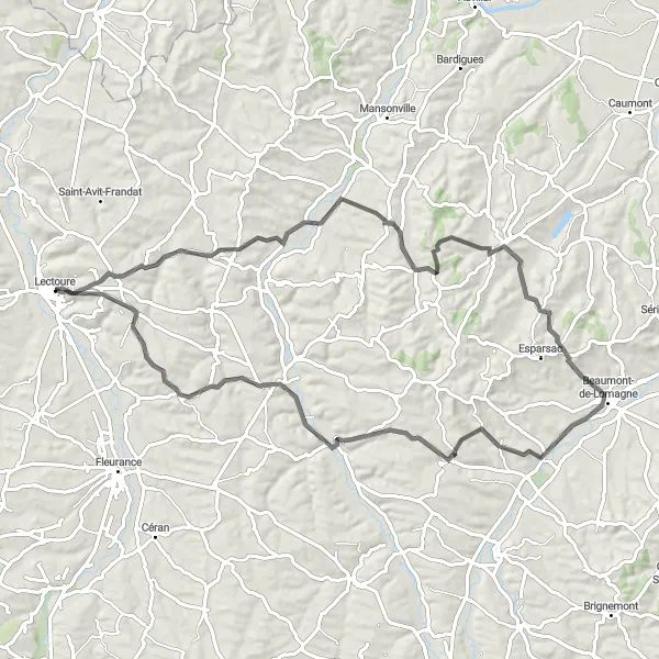 Miniatua del mapa de inspiración ciclista "Ruta escénica a Castelnau-d'Arbieu" en Midi-Pyrénées, France. Generado por Tarmacs.app planificador de rutas ciclistas