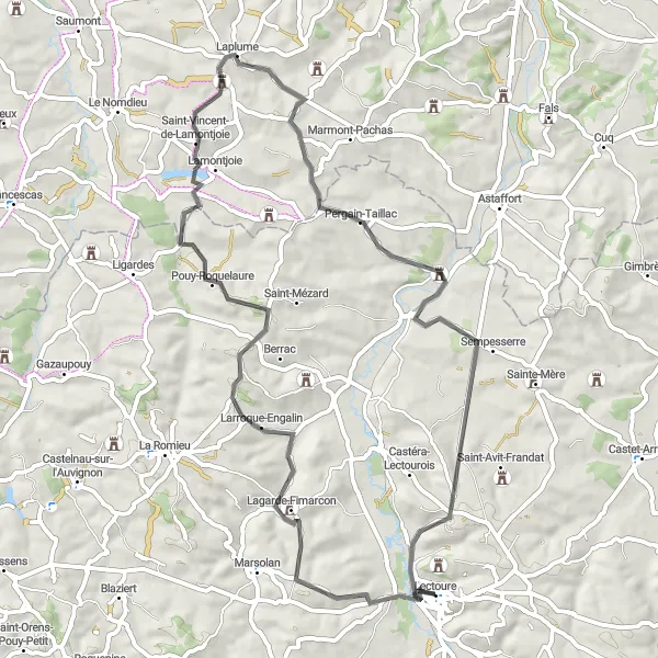Zemljevid v pomanjšavi "Izjemna cesta okoli Lectoura" kolesarske inspiracije v Midi-Pyrénées, France. Generirano z načrtovalcem kolesarskih poti Tarmacs.app