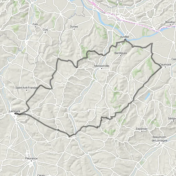 Miniatua del mapa de inspiración ciclista "Excursión a Saint-Clar y Castet-Arrouy" en Midi-Pyrénées, France. Generado por Tarmacs.app planificador de rutas ciclistas