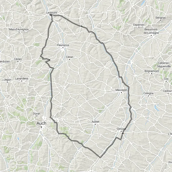 Miniaturní mapa "Kolo okolo Lectoure" inspirace pro cyklisty v oblasti Midi-Pyrénées, France. Vytvořeno pomocí plánovače tras Tarmacs.app