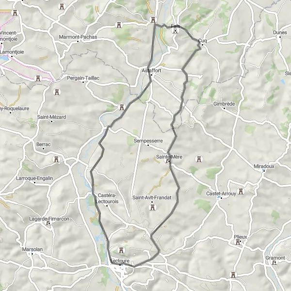 Miniaturní mapa "Relaxační cyklookruh kolem Lectoure" inspirace pro cyklisty v oblasti Midi-Pyrénées, France. Vytvořeno pomocí plánovače tras Tarmacs.app