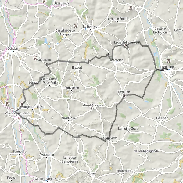 Zemljevid v pomanjšavi "Kolesarska pot z zahtevno vzponom v bližini Lectoura" kolesarske inspiracije v Midi-Pyrénées, France. Generirano z načrtovalcem kolesarskih poti Tarmacs.app