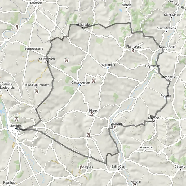 Zemljevid v pomanjšavi "Razgibana pot do Sainte-Mère in Gramont" kolesarske inspiracije v Midi-Pyrénées, France. Generirano z načrtovalcem kolesarskih poti Tarmacs.app