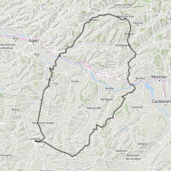 Zemljevid v pomanjšavi "Challenging ride to Saint-Clar" kolesarske inspiracije v Midi-Pyrénées, France. Generirano z načrtovalcem kolesarskih poti Tarmacs.app