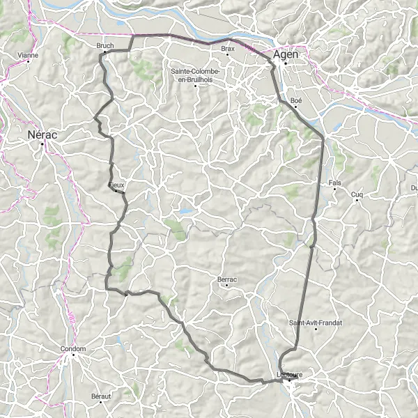 Miniature de la carte de l'inspiration cycliste "Tour des Bastides" dans la Midi-Pyrénées, France. Générée par le planificateur d'itinéraire cycliste Tarmacs.app