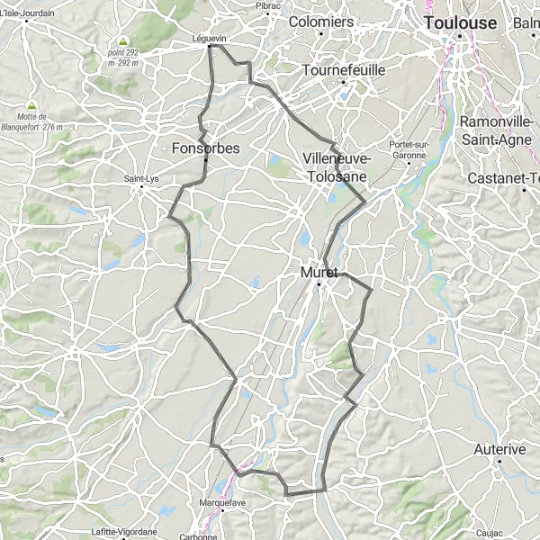 Miniatuurkaart van de fietsinspiratie "Léguevin - Cugnaux - Beaumont-sur-Lèze - Longages - Lherm - Léguevin" in Midi-Pyrénées, France. Gemaakt door de Tarmacs.app fietsrouteplanner