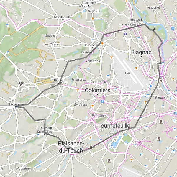 Karten-Miniaturansicht der Radinspiration "Rundweg um Léguevin entlang der Airbus A320" in Midi-Pyrénées, France. Erstellt vom Tarmacs.app-Routenplaner für Radtouren