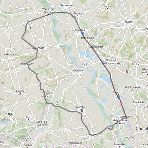 Zemljevid v pomanjšavi "Pozdrav iz Aussonne do Saint-Jory" kolesarske inspiracije v Midi-Pyrénées, France. Generirano z načrtovalcem kolesarskih poti Tarmacs.app