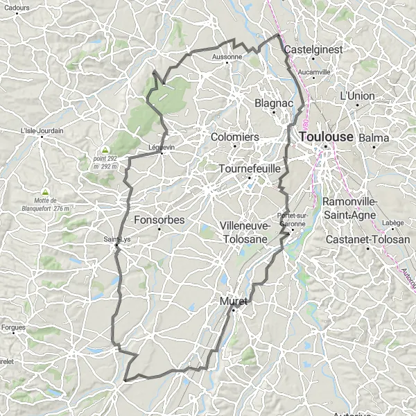 Miniature de la carte de l'inspiration cycliste "Boucle pittoresque à partir de Lespinasse" dans la Midi-Pyrénées, France. Générée par le planificateur d'itinéraire cycliste Tarmacs.app