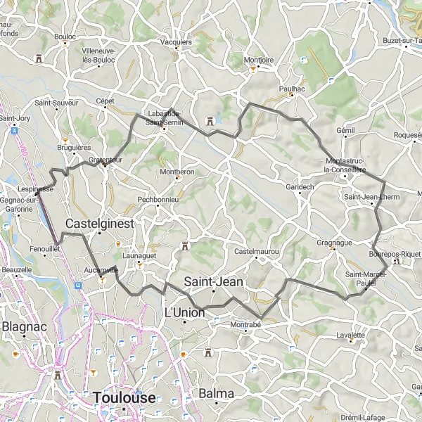 Zemljevid v pomanjšavi "Raziskovanje Bazusa in okolice" kolesarske inspiracije v Midi-Pyrénées, France. Generirano z načrtovalcem kolesarskih poti Tarmacs.app
