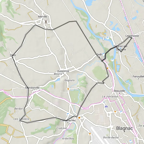 Miniaturní mapa "Okružní cyklistická trasa z Lespinasse" inspirace pro cyklisty v oblasti Midi-Pyrénées, France. Vytvořeno pomocí plánovače tras Tarmacs.app