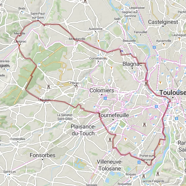 Miniature de la carte de l'inspiration cycliste "Itinéraire Gravel autour de Lévignac" dans la Midi-Pyrénées, France. Générée par le planificateur d'itinéraire cycliste Tarmacs.app