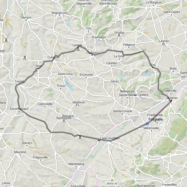 Mapa miniatúra "Trasa cez historické dediny" cyklistická inšpirácia v Midi-Pyrénées, France. Vygenerované cyklistickým plánovačom trás Tarmacs.app