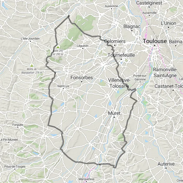 Miniature de la carte de l'inspiration cycliste "Parcours Routier à travers les Villages" dans la Midi-Pyrénées, France. Générée par le planificateur d'itinéraire cycliste Tarmacs.app